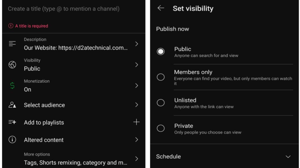 video upload on youtube settings